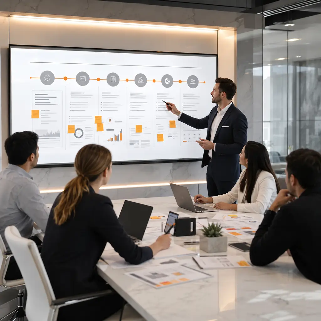 SEO process presentation in a corporate boardroom with timeline workflow, planning documents, and team collaboration.