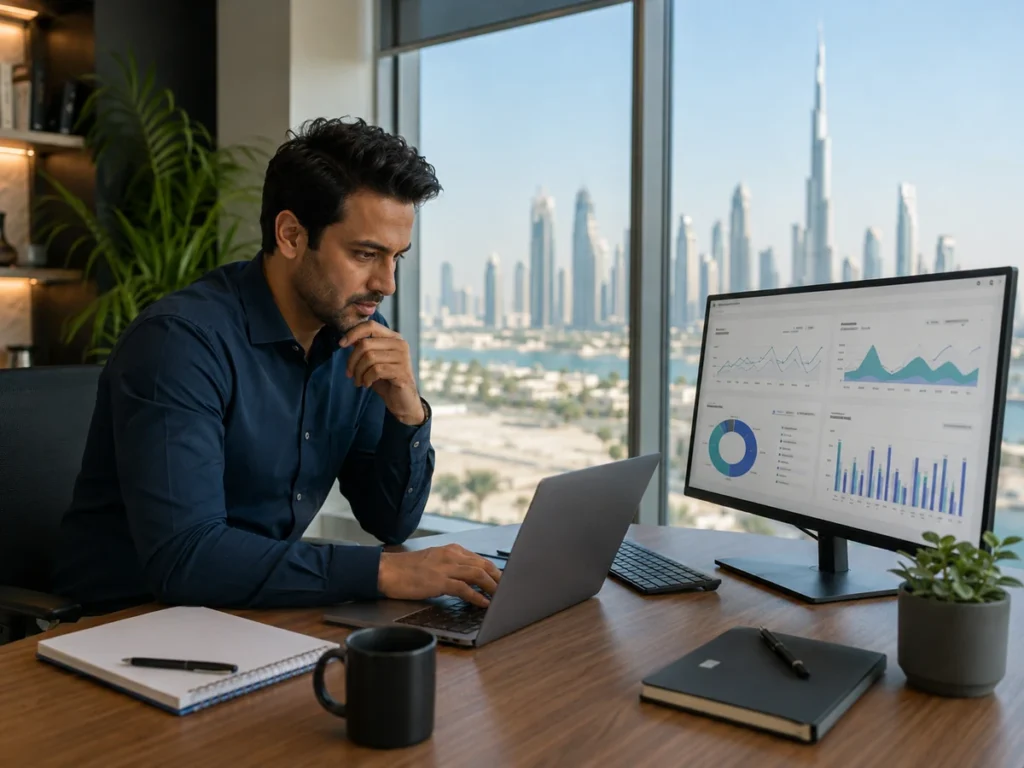 SEO professional in Dubai reviewing organic traffic, keyword and content performance dashboards