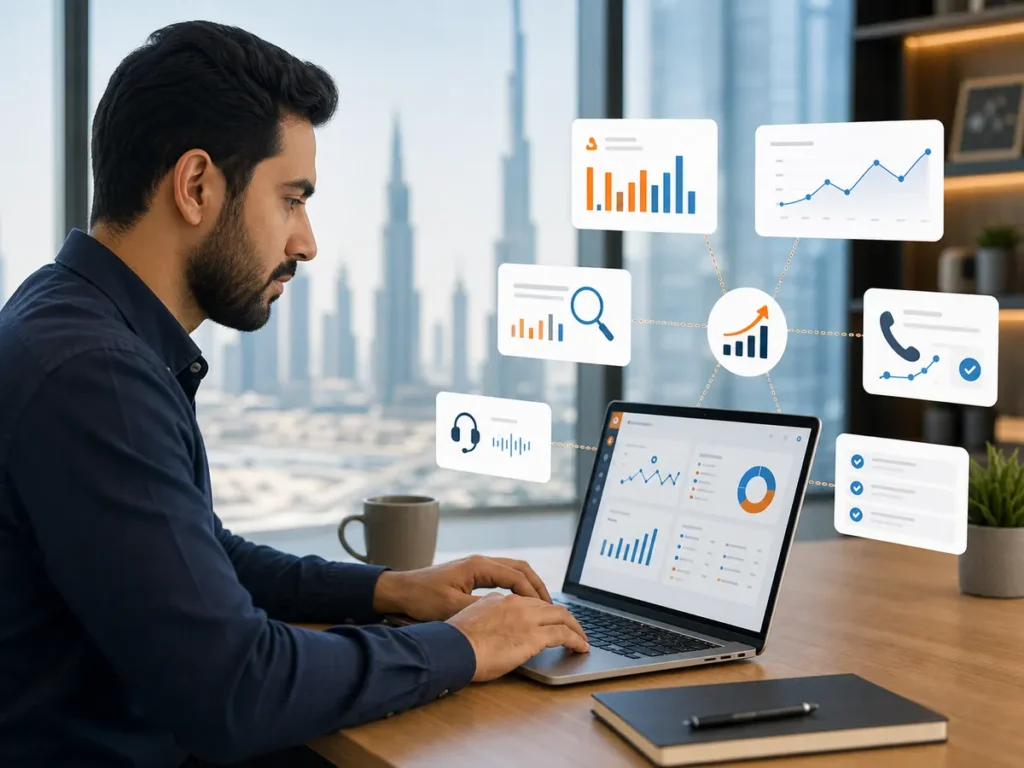 SEO specialist connecting analytics ranking and lead tracking data for monthly reports