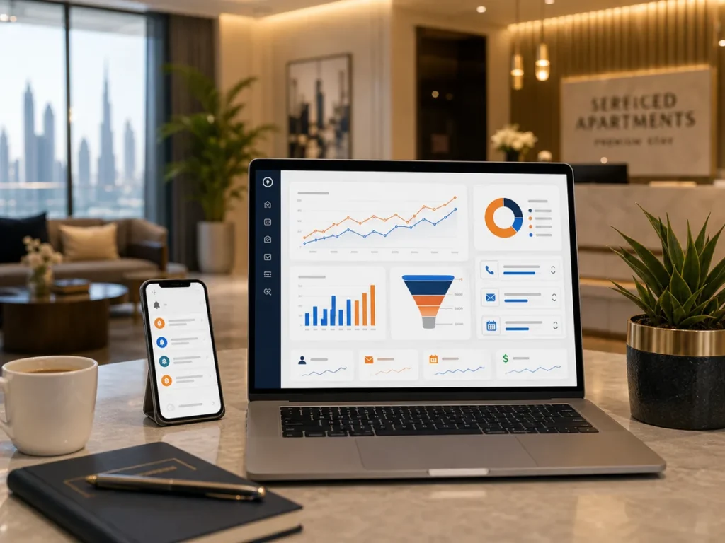 Serviced apartment SEO dashboard showing organic growth charts and booking lead tracking.