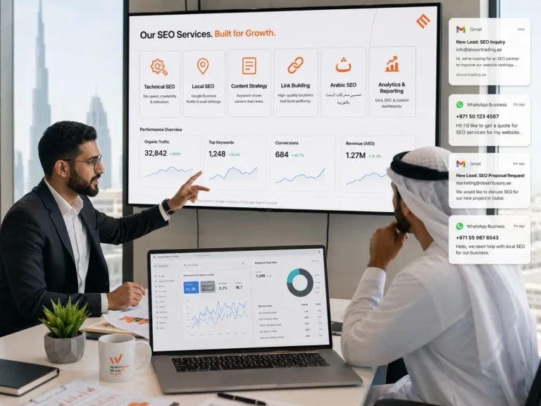 Dubai SEO strategy presentation showing services, dashboards, and incoming email and WhatsApp leads