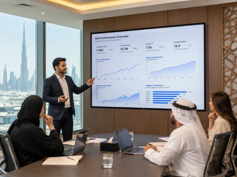 News SEO specialist reviewing a technical audit, crawl data, indexing status, and NewsArticle schema on dual monitors in a UAE office.