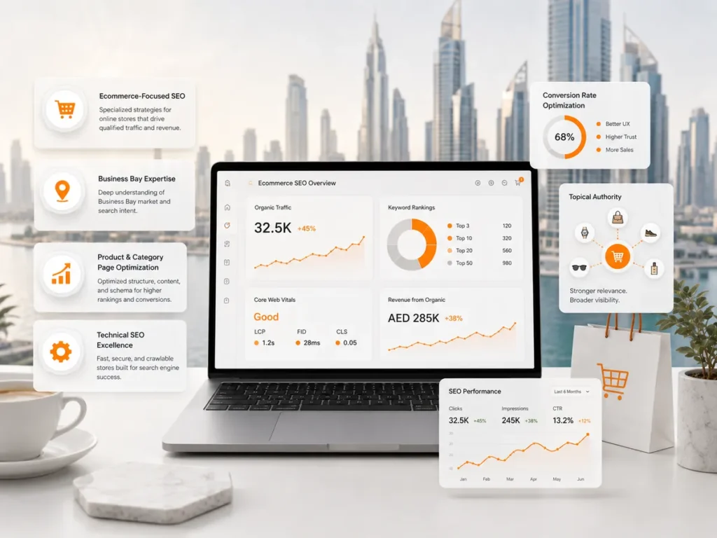 Ecommerce SEO dashboard showing Business Bay visibility, rankings, technical SEO, and growth.