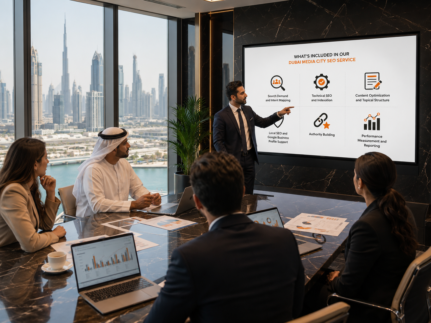 Dubai Media City SEO service strategy meeting