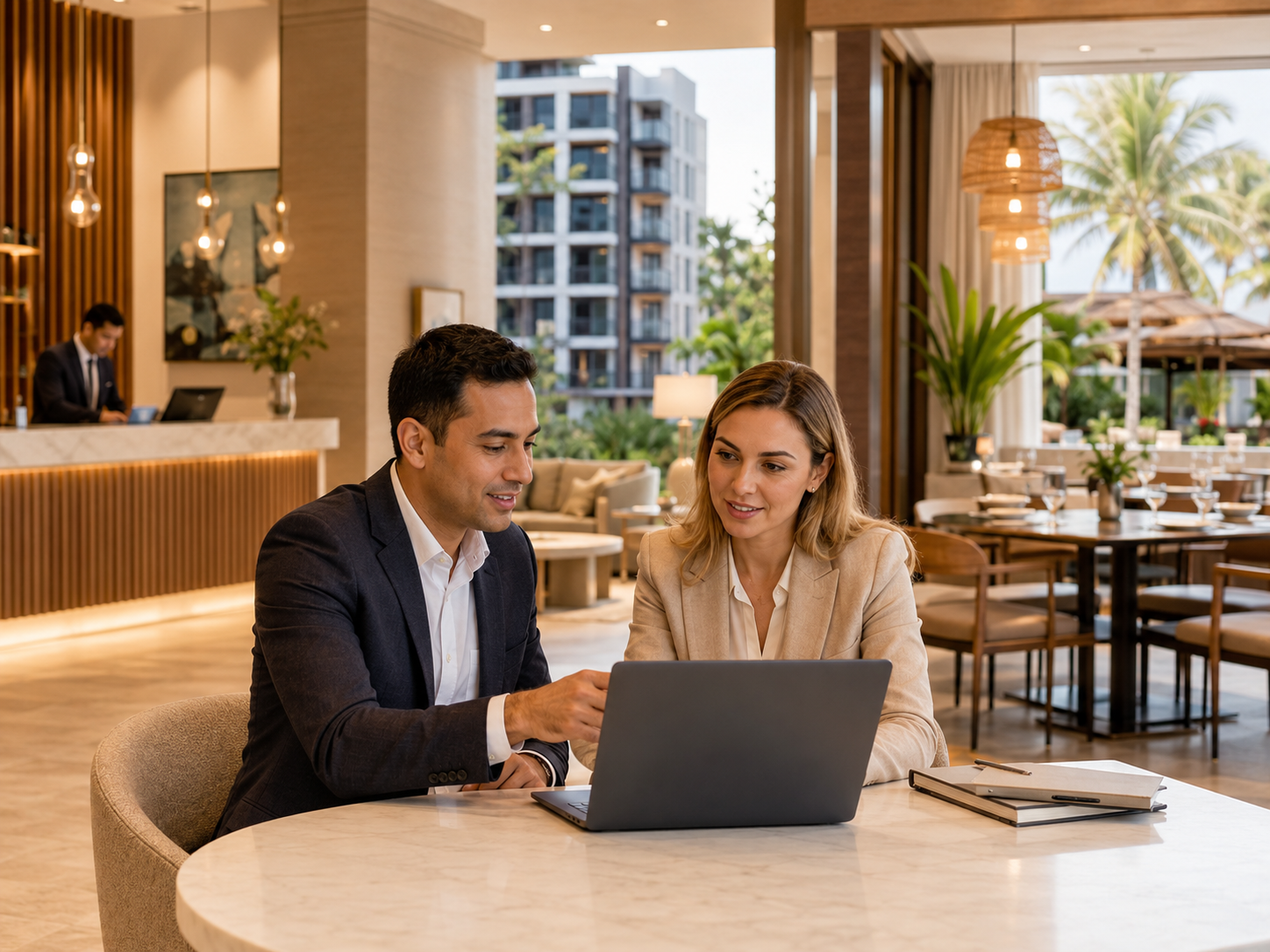 Hospitality professionals reviewing a property-specific SEO strategy in a modern hotel lobby.