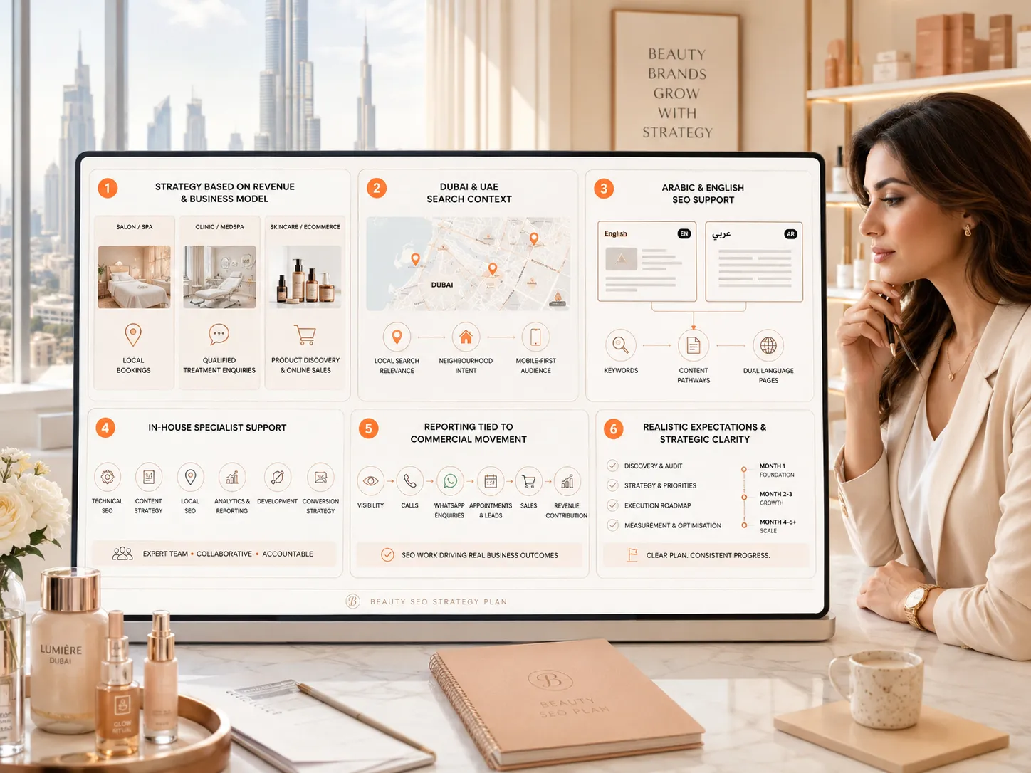 Beauty SEO strategist planning a Dubai campaign with bilingual SEO, business-model strategy and commercial performance reporting.