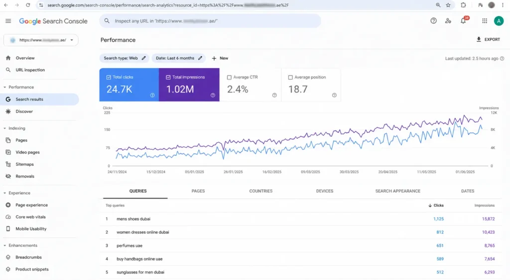 Google Search Console performance report showing 24.7K clicks, 1.02 million impressions and rising organic search visibility for a Dubai retail store over six months.