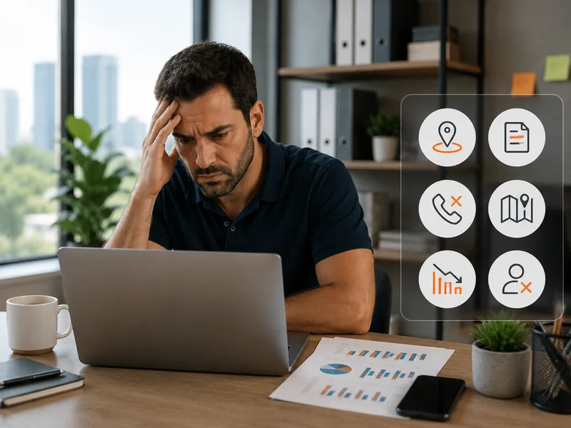 Frustrated home-service business owner reviewing lost local leads.