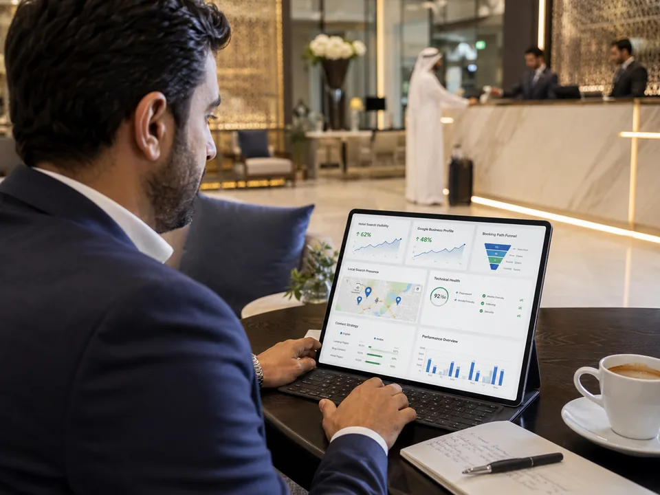 Hospitality manager reviewing hotel SEO and booking performance data in a luxury hotel lobby.