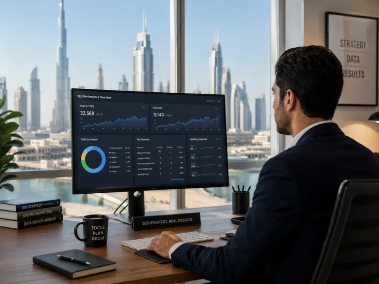 SEO strategy dashboard on desktop with Dubai skyline