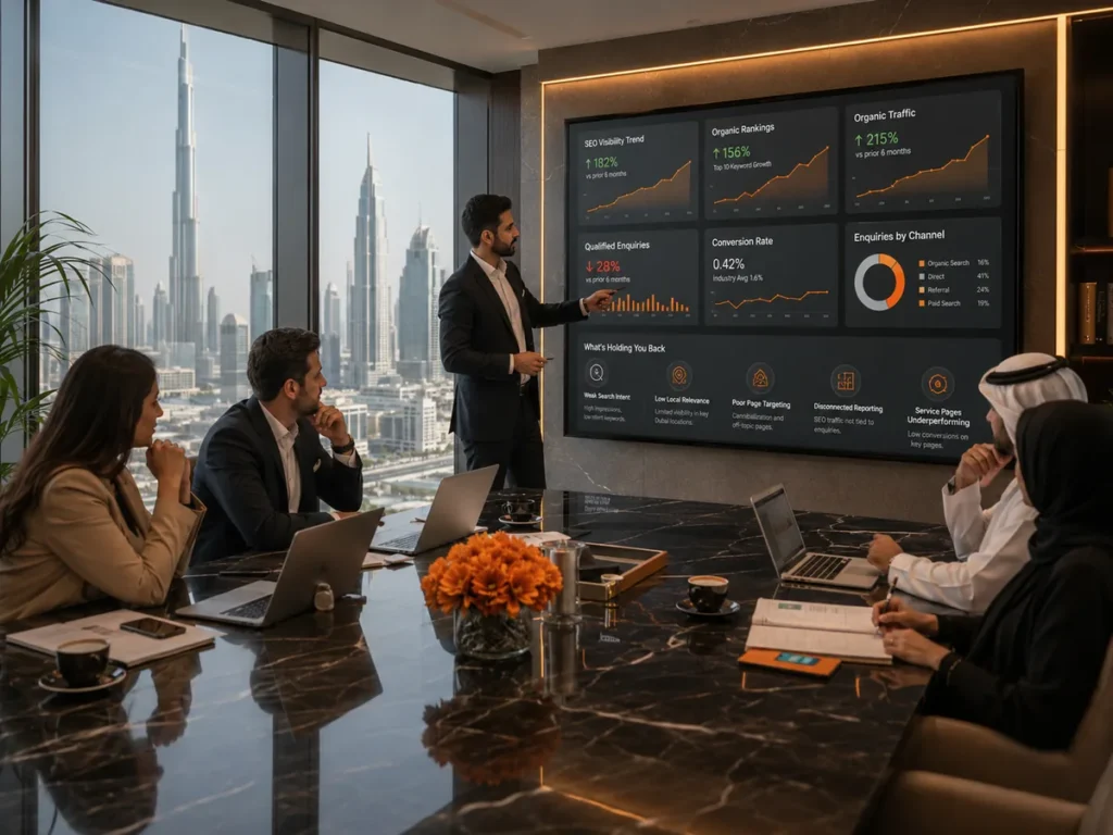 SEO strategy meeting in a Dubai office overlooking Burj Khalifa.