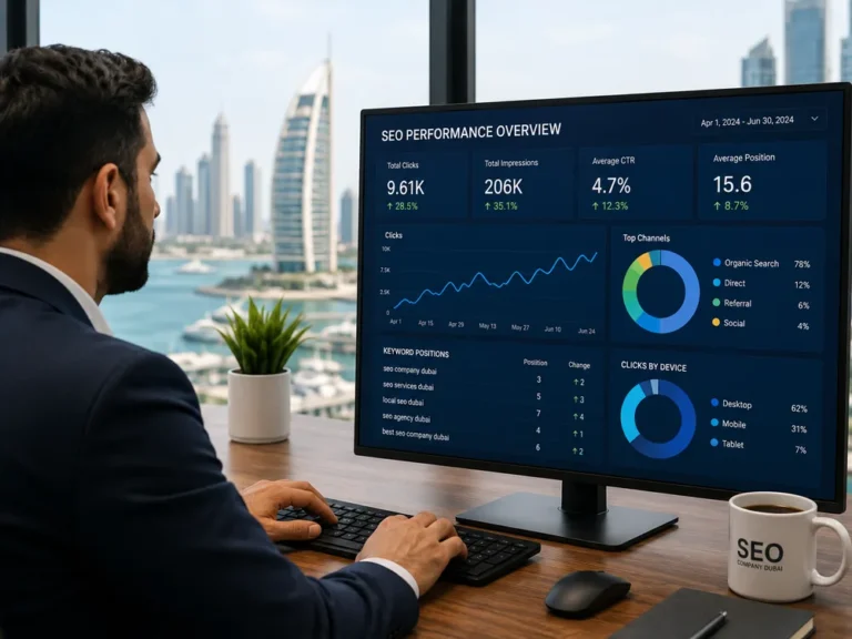 SEO expert reviewing Dubai performance dashboard