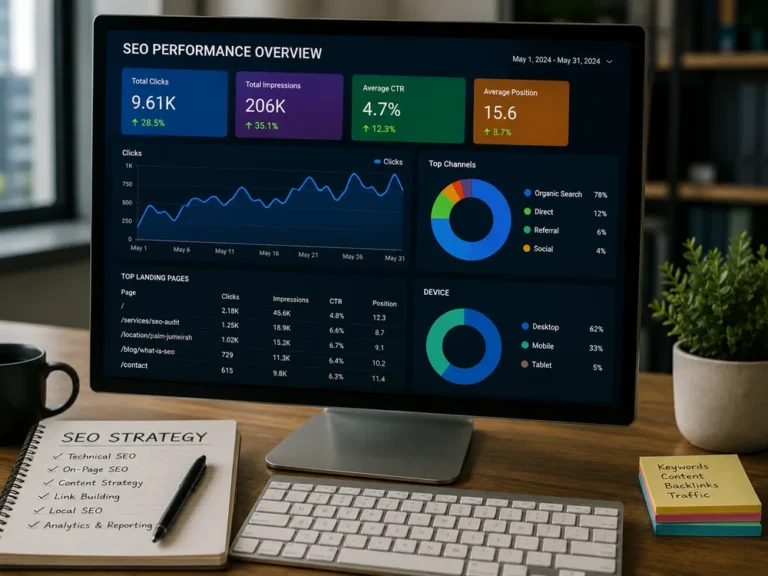 Business SEO performance dashboard on office monitor