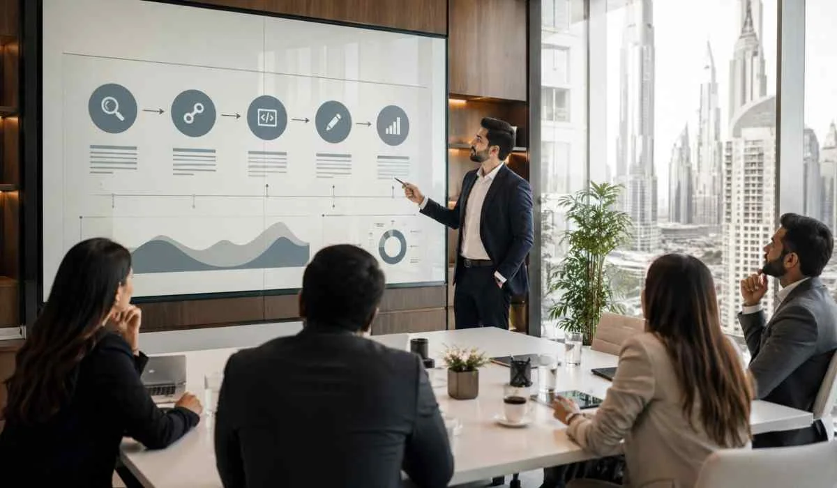SEO consultant reviewing real estate website analytics with Dubai skyline in the background